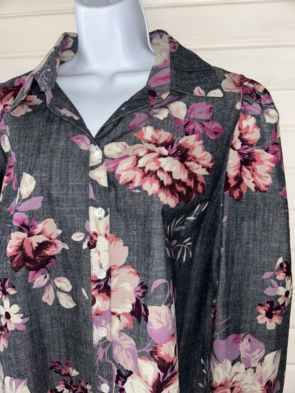 Jill Jill Stuart Sz 14 Chambray Floral Print Puff Sleeve Blouse Cotton EUC
